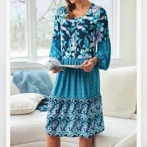 Soft Surroundings Dress Womens 1X Plus Midi Floral Long Sleeve Tiered Shift Boh